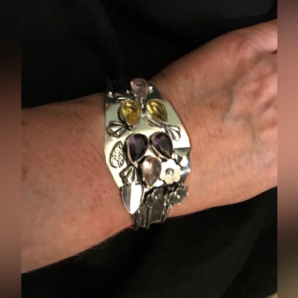 Pink Topaz Citrine Amethyst 925 Sterling Silver Cuff Bracelet